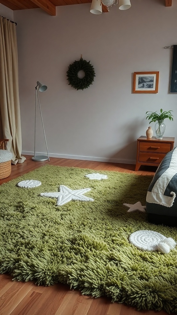 A cozy green rug with white star and spiral shapes in a bedroom setting.