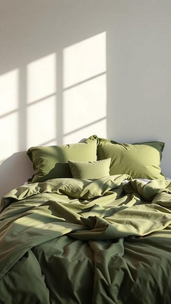 A cozy bed with earthy green bedding, featuring layered pillows and a duvet, illuminated by soft sunlight.