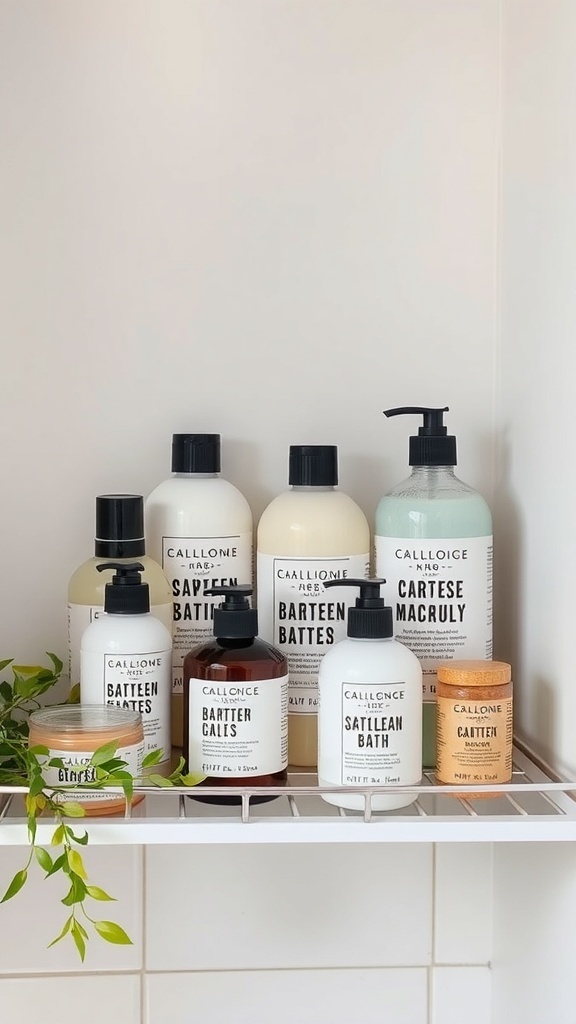 A collection of biodegradable bath products on a shelf, featuring various bottles with clean labels.