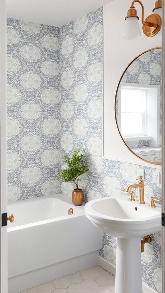 A bathroom featuring a patterned backsplash with floral designs, a white bathtub, a round mirror, and a potted plant.