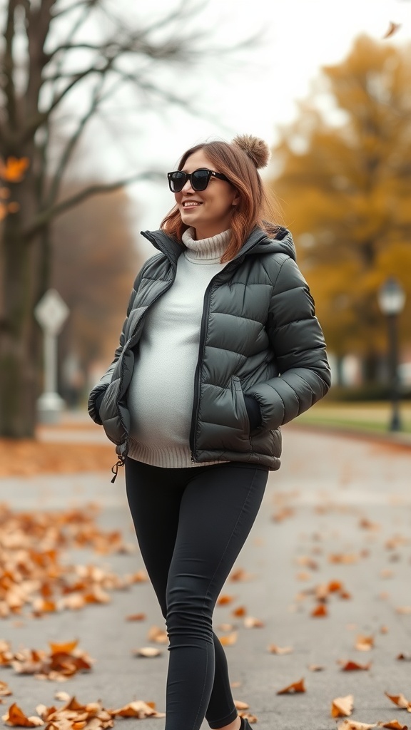 Pregnant woman wearing a black puffer jacket and leggings, walking outdoors in fall.