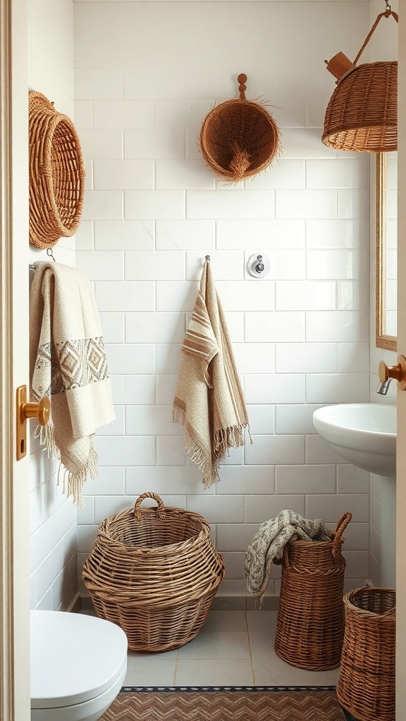 A rustic bathroom featuring woven baskets, hanging towels, and neutral-colored textiles.