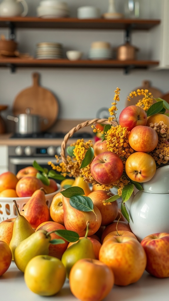 A cozy arrangement of apples and pears with flowers in a kitchen setting.