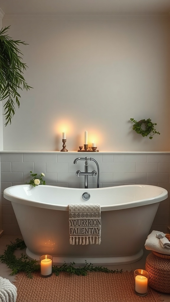 A cozy boho bathroom featuring a freestanding bathtub surrounded by candles and greenery.