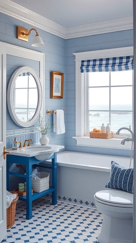 A coastal bathroom featuring a nautical blue and white color scheme with a round mirror, blue vanity, and patterned floor tiles.