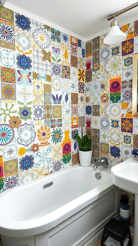 Colorful artistic ceramic tiles covering a bathroom wall