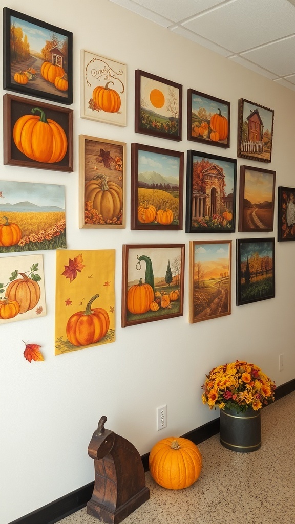 A collection of harvest-themed wall art featuring pumpkins and autumn landscapes.