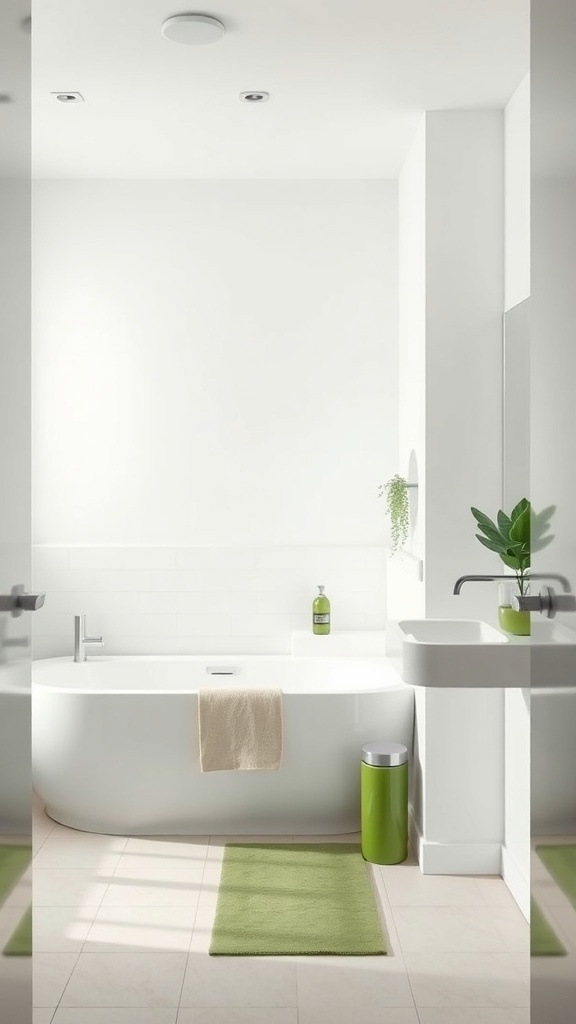 A minimalist bathroom with a green bath mat, green trash can, and a plant, featuring a bright and clean design.