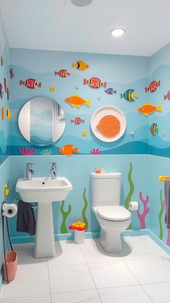A colorful kids bathroom with an underwater theme featuring fish and coral designs on the walls.