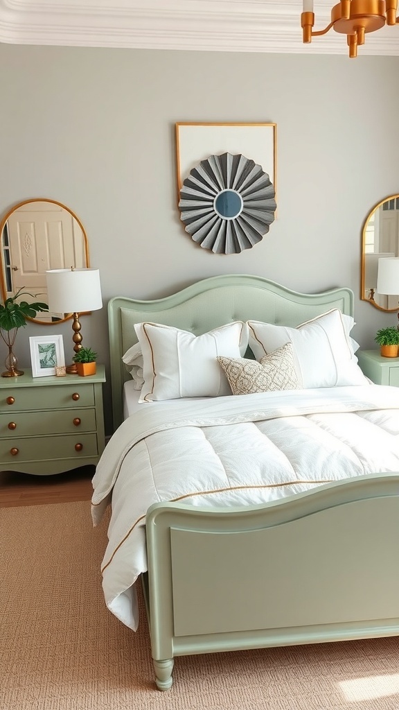 A cozy bedroom featuring sage green furniture, including a bed and nightstand, with white bedding and decorative elements.