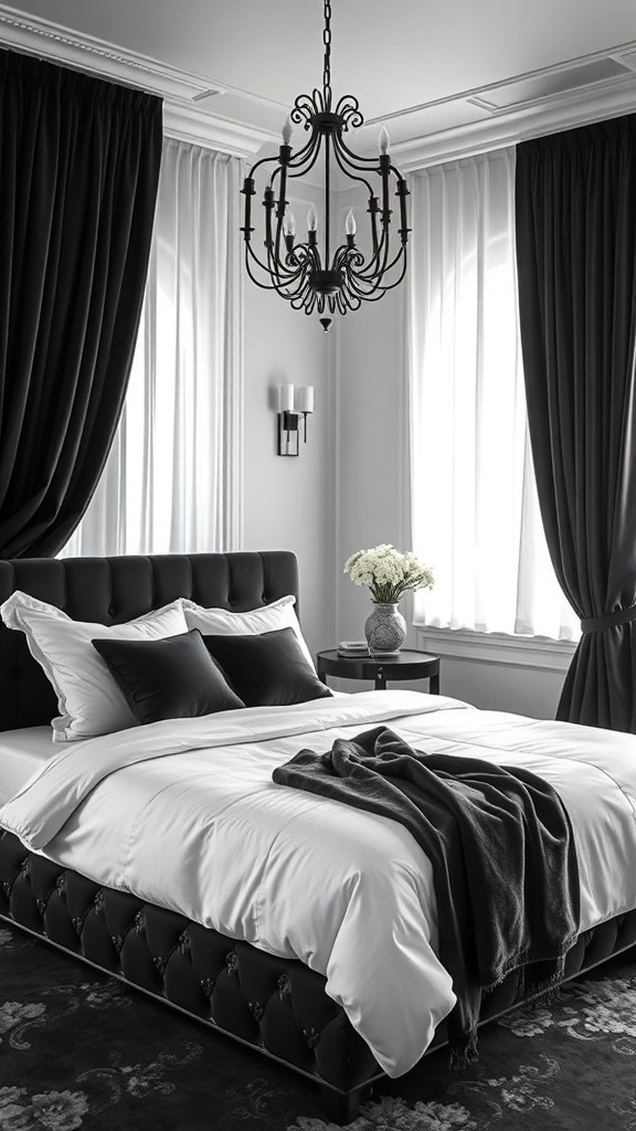 A stylish black and white bedroom featuring a tufted black bed, white linens, and elegant curtains.