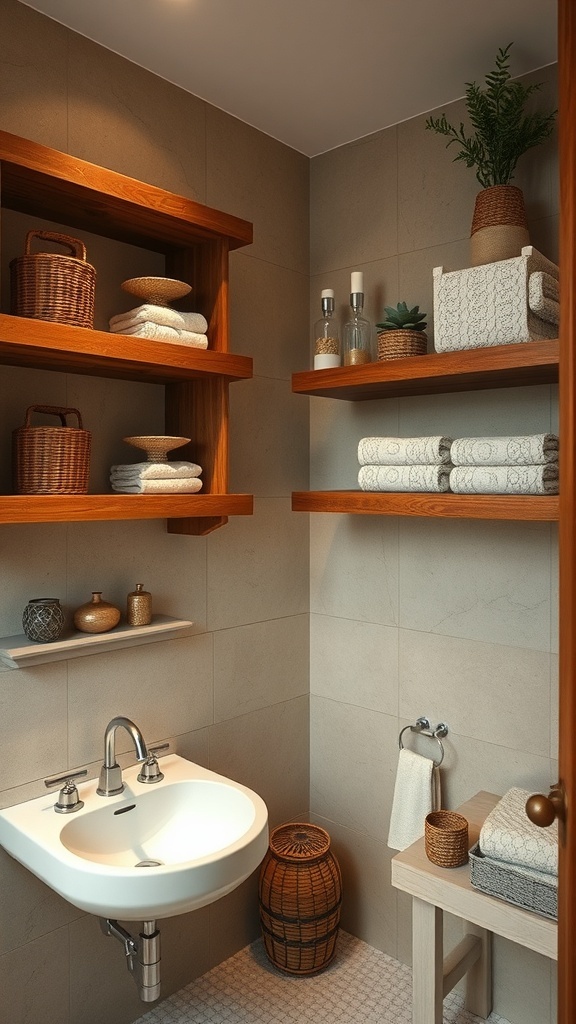 Rustic bathroom with wooden shelving units displaying towels and decorative items.