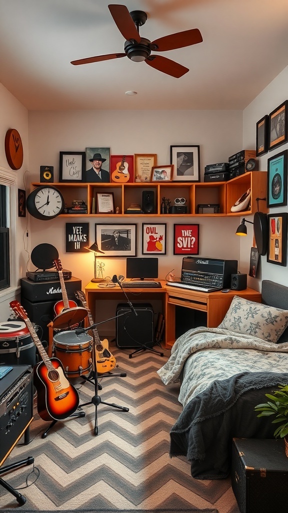 A cozy music-themed bedroom featuring guitars, drums, and sound equipment, with framed music posters on the walls.