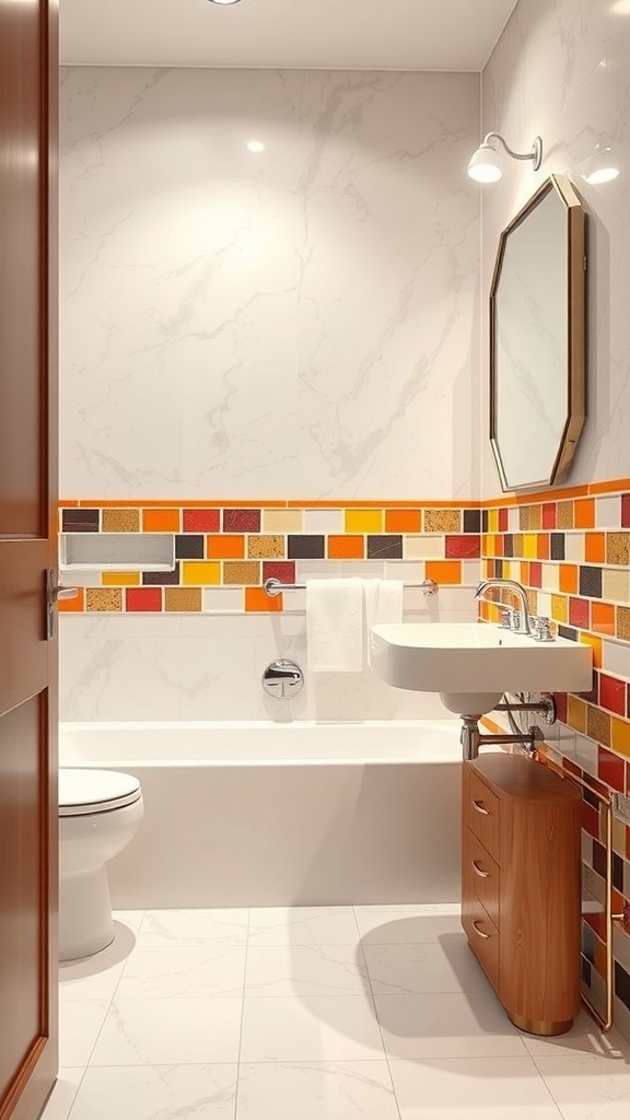 A bathroom with a colorful tile backsplash featuring red, orange, yellow, and earthy tones.