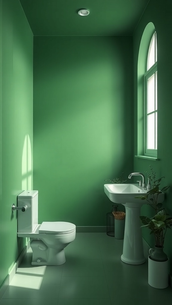 A bathroom with vibrant green walls, a white toilet, and sink, featuring natural light from a window.