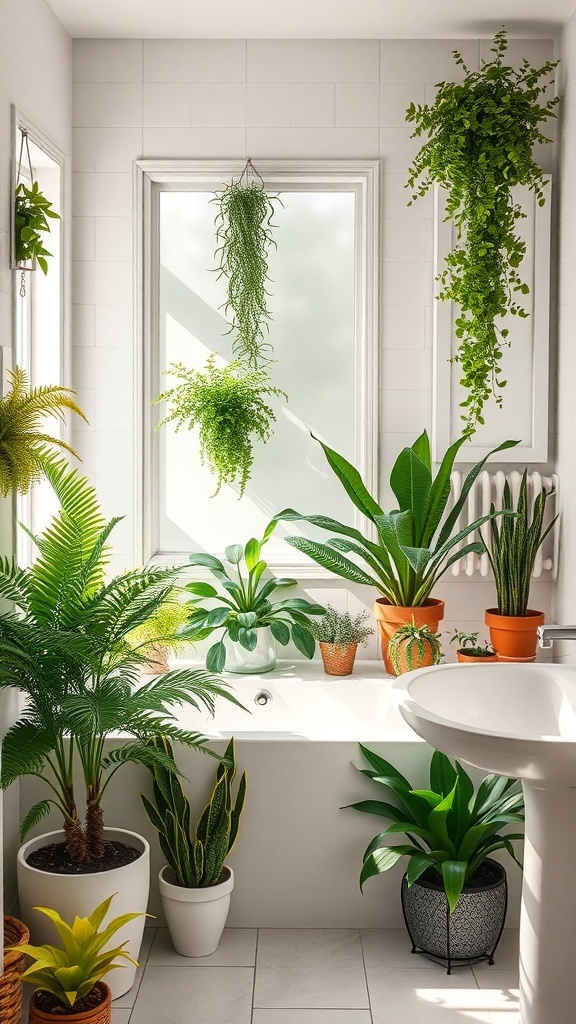 A bright bathroom filled with various indoor plants, including ferns, snake plants, and peace lilies, creating a fresh and inviting atmosphere.