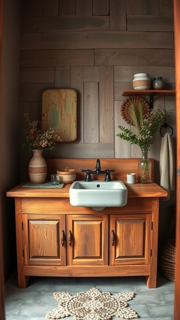 A rustic bathroom featuring a reclaimed wood vanity with a white sink, decorative vases, and a cozy rug.