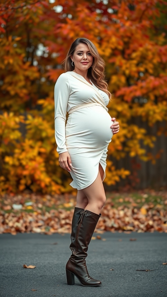 A pregnant woman wearing a white wrap dress and knee-high boots, standing against a backdrop of colorful autumn leaves.