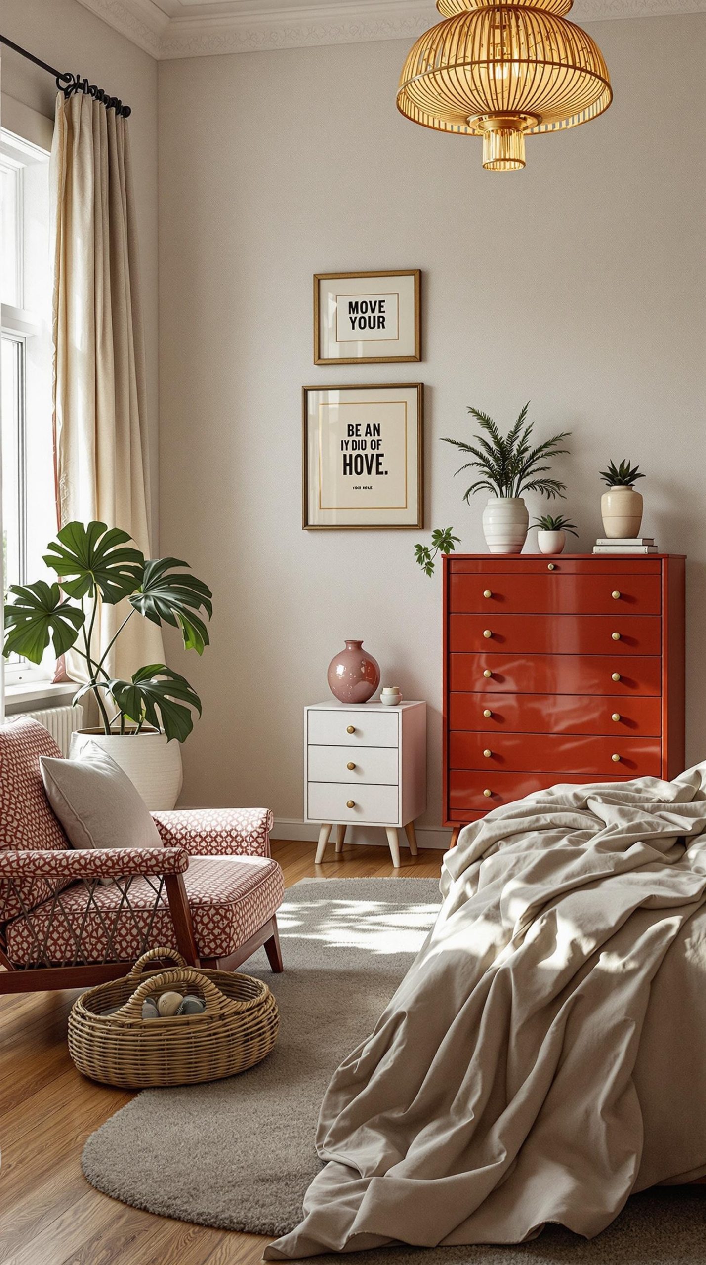 A stylish bedroom featuring a red dresser, patterned armchair, and cozy bedding, blending vintage charm with modern design.