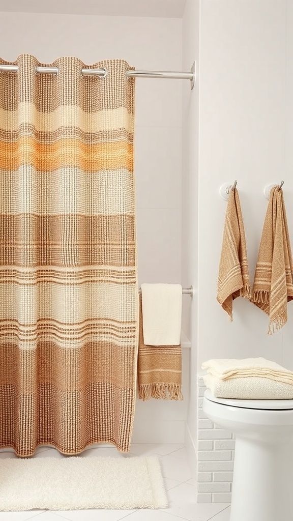 A bathroom featuring a woven shower curtain in warm tones, matching towels, and a cozy bath mat.
