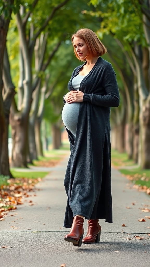 A pregnant woman wearing a long black cardigan and brown ankle boots, walking on a tree-lined path.