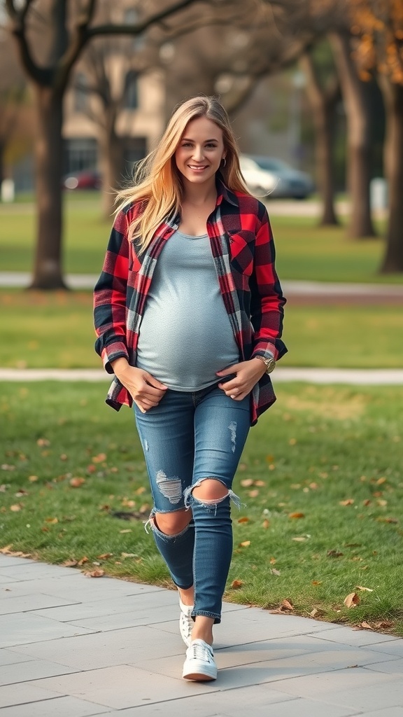 Pregnant woman wearing a layered flannel shirt and ripped jeans, walking in a park.