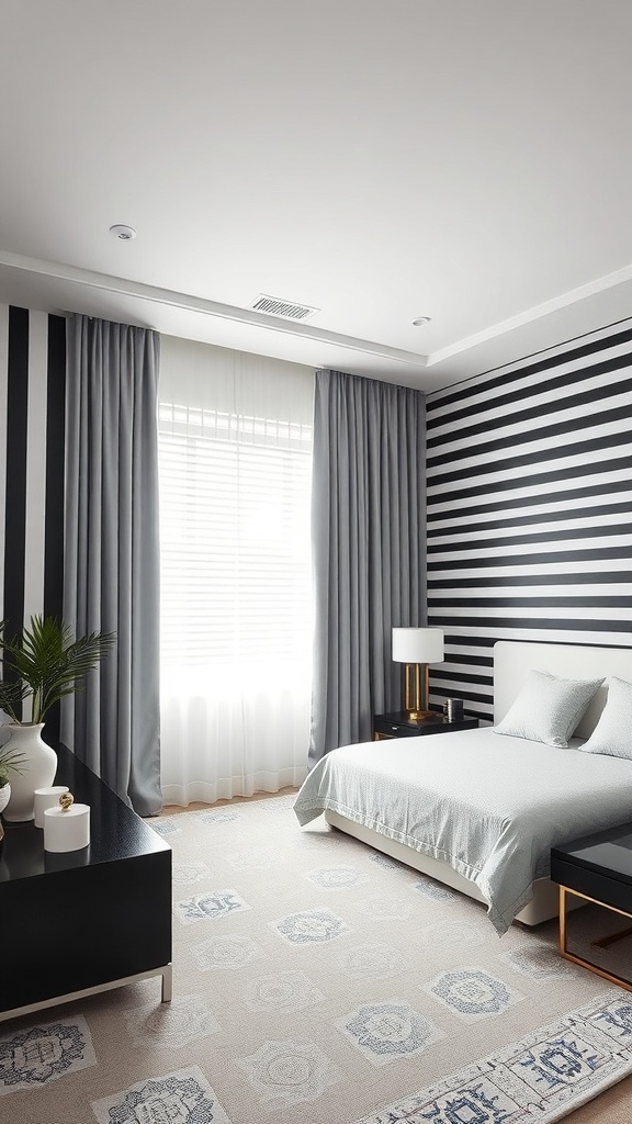 A modern bedroom featuring bold black and white striped walls, gray curtains, and light bedding.