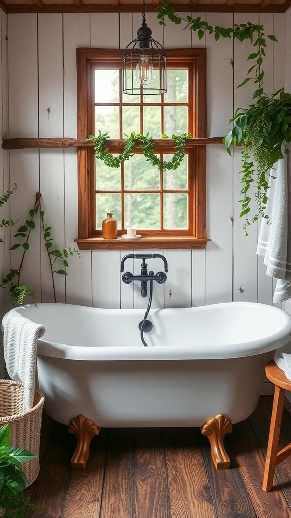 A rustic farmhouse-style bathroom featuring a freestanding bathtub, wooden accents, and greenery.