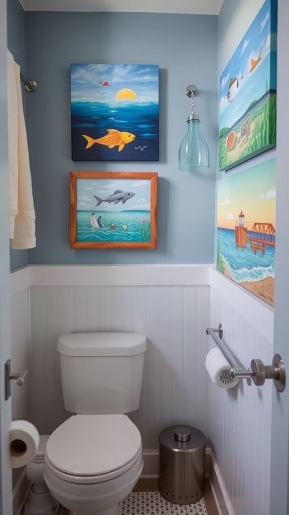 A small bathroom with colorful coastal-themed art on the walls, featuring fish, dolphins, and ocean scenes.