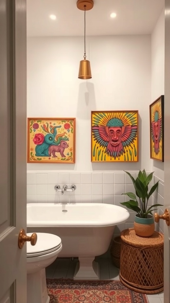 A boho bathroom featuring colorful artwork on the walls, a bathtub, and a potted plant.