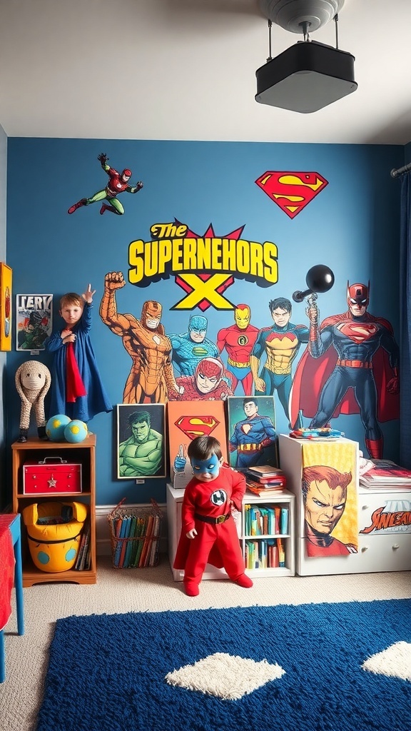 A colorful superhero-themed bedroom with wall art and two kids in superhero costumes.