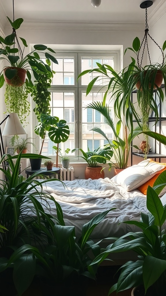 A cozy bedroom filled with various indoor plants, showcasing a vibrant and refreshing atmosphere.