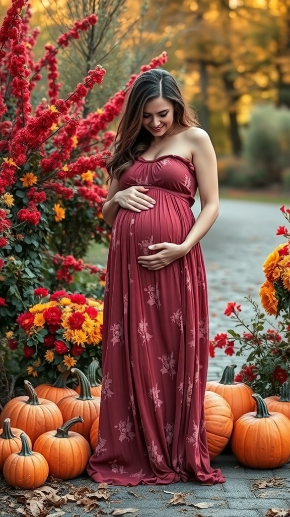 Pregnant woman in a maroon maxi dress surrounded by autumn flowers and pumpkins