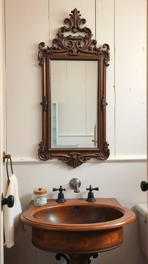 A vintage ornate mirror above a wooden sink in a rustic bathroom.