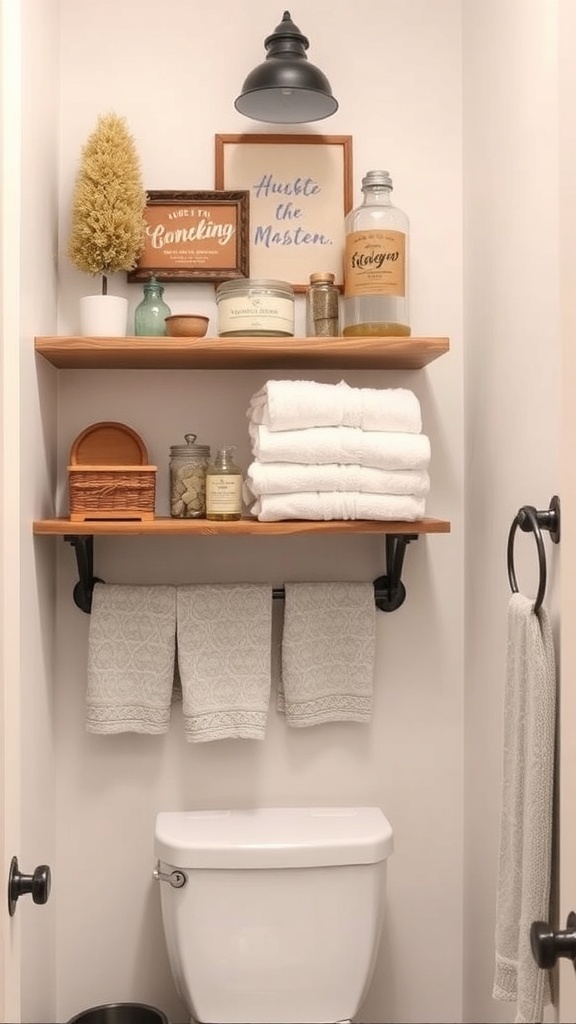 Open shelving in a farmhouse bathroom with neatly arranged towels and decorative items.
