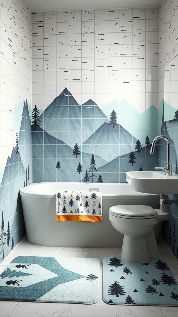 A bathroom with adventure-themed bath mats featuring trees and mountains.