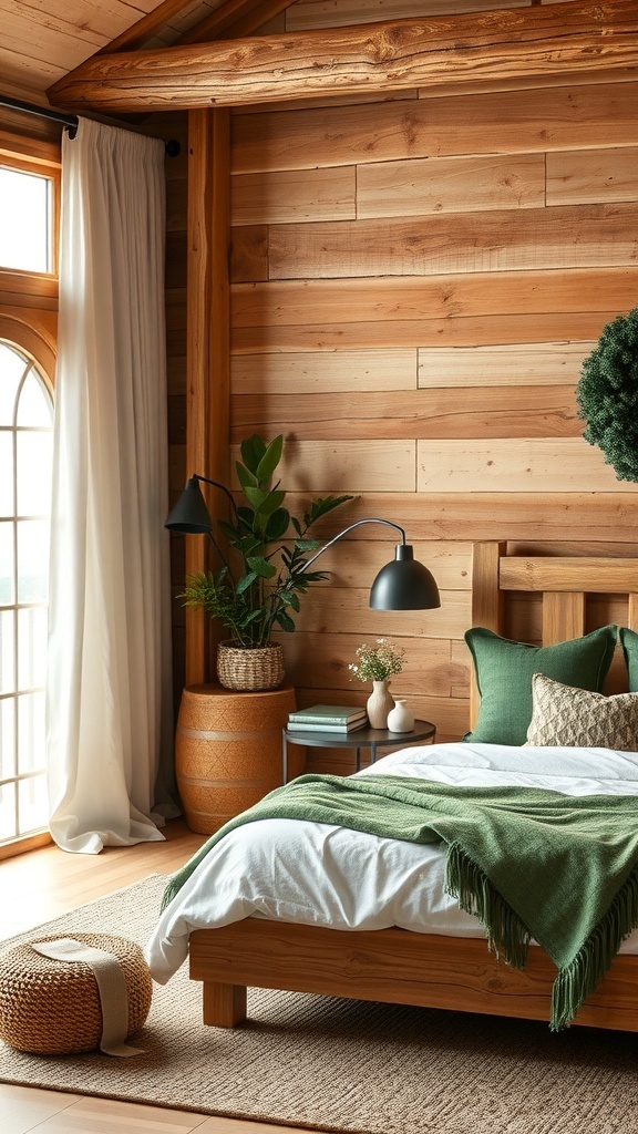 A cozy bedroom featuring natural wood walls and green accents, with a bed, plants, and a large window.