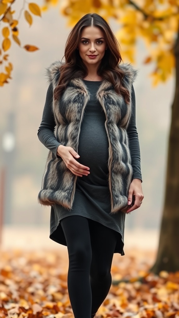 Pregnant woman wearing a faux fur vest and leggings in a fall setting