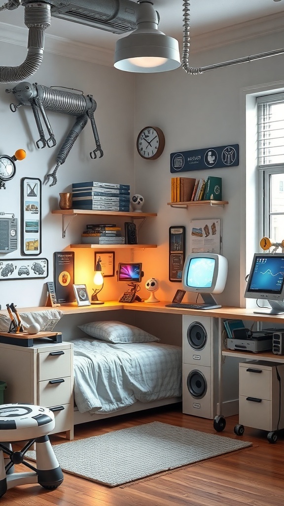 A boys' bedroom designed as a robot workshop with futuristic elements, featuring a cozy bed, a tech-filled workspace, and playful robot decor.