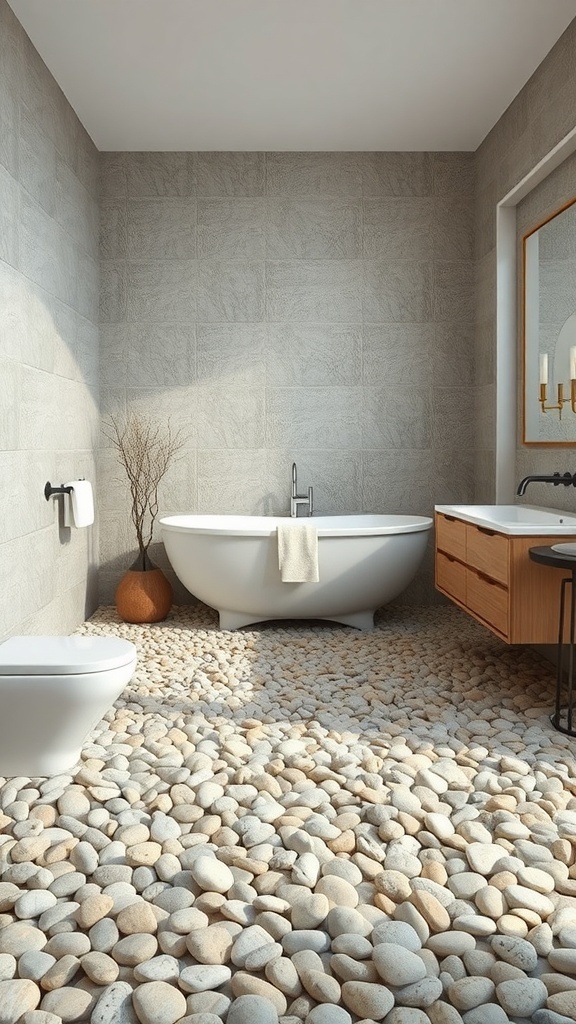 A modern bathroom featuring pebble stone flooring, a freestanding bathtub, and neutral-colored walls.