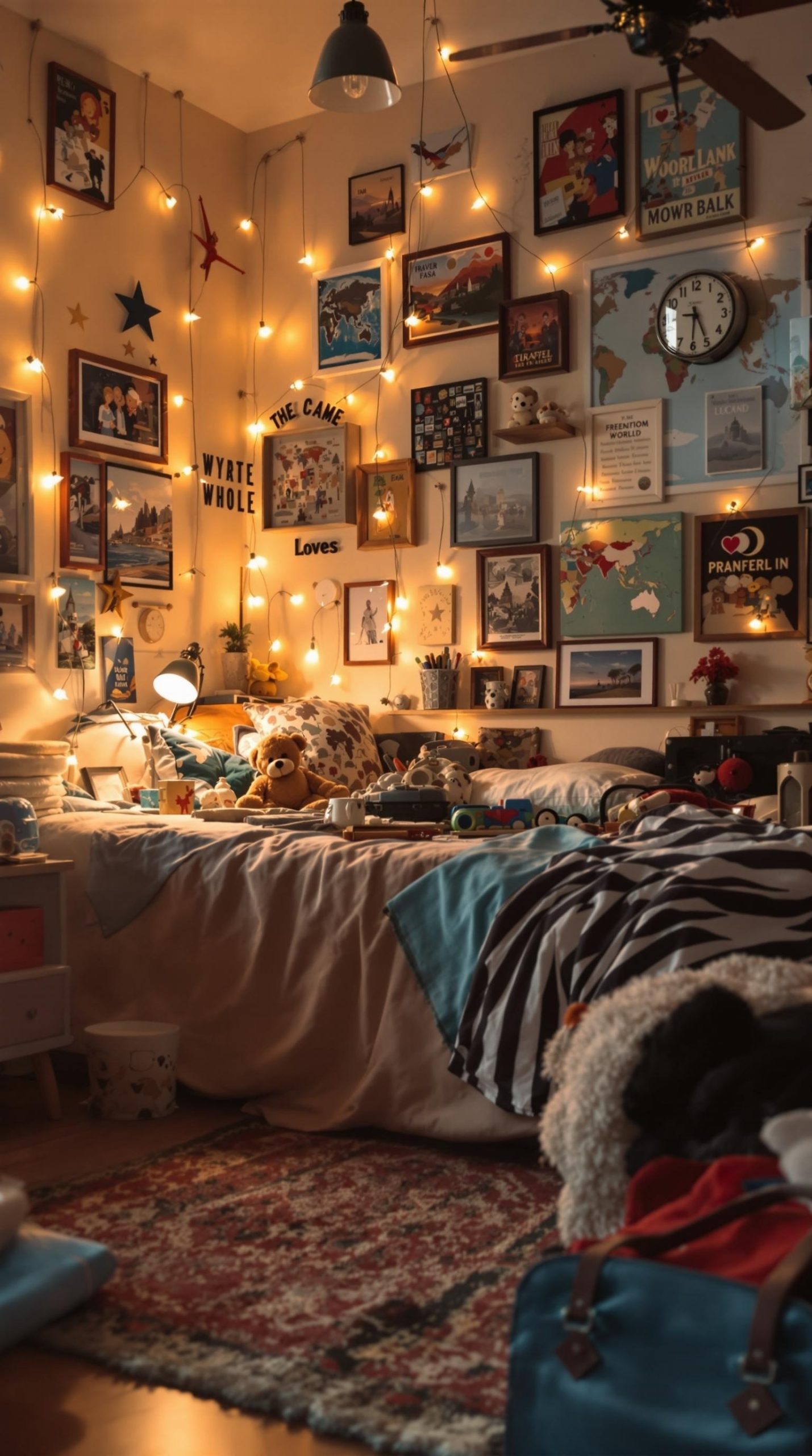 A cozy bedroom decorated with travel-themed posters, string lights, and a mix of textures, creating a warm and inviting atmosphere.