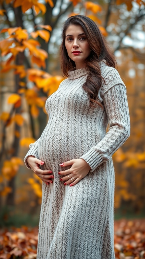 A pregnant woman wearing a cozy knit sweater dress in an autumn setting with yellow leaves.