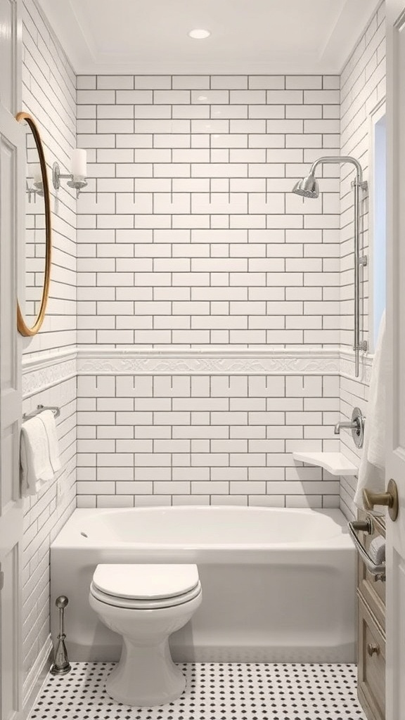 A bathroom featuring classic white subway tiles and gray accents, with a round mirror and modern fixtures.