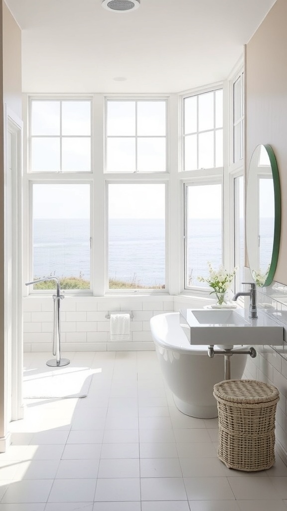 Bright coastal bathroom with large windows, a bathtub, and natural decor.