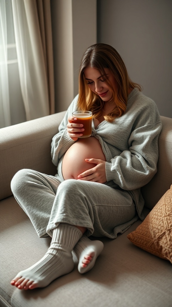 Pregnant woman in a cozy lounge set with socks, sitting on a couch and holding a drink.