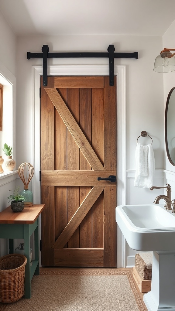 A rustic wooden barn door in a farmhouse bathroom, featuring a sliding mechanism and black hardware.