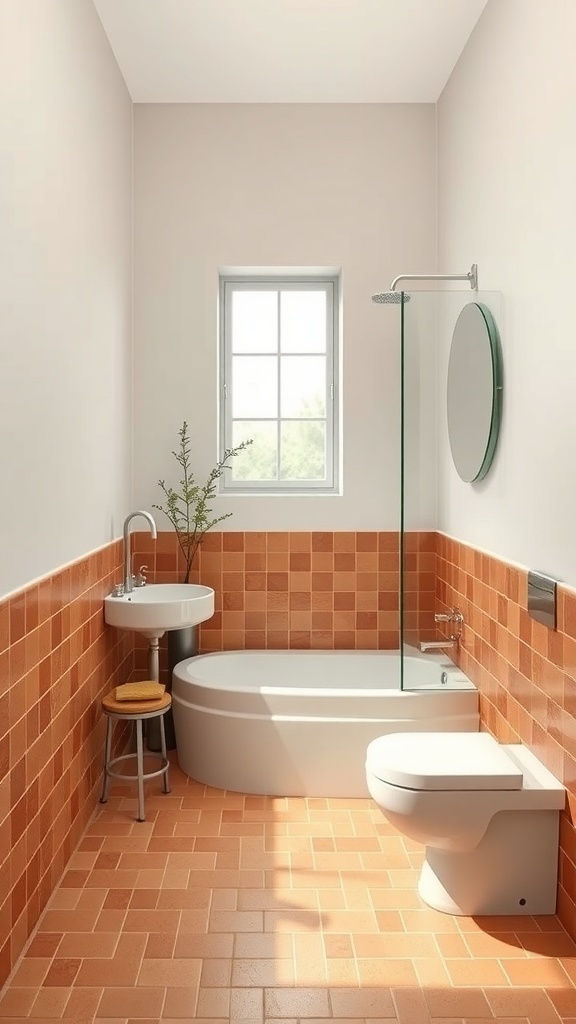 A boho bathroom featuring warm terracotta tiles and a natural color palette.