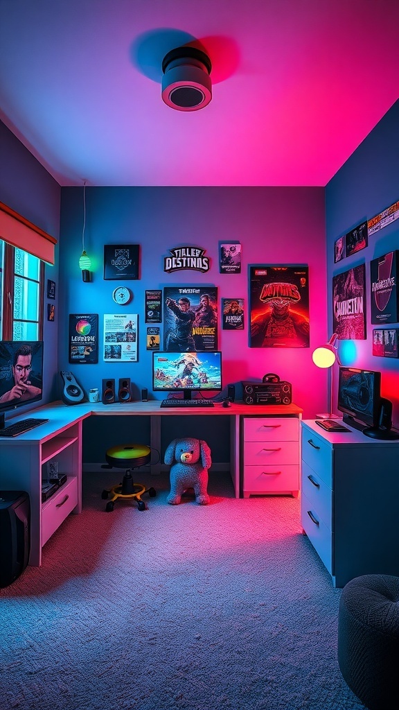 A boys' bedroom featuring a gaming setup with posters, colorful lighting, and a cozy atmosphere.