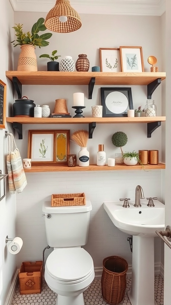 A boho bathroom featuring open shelving with decorative items, plants, and a cozy atmosphere.