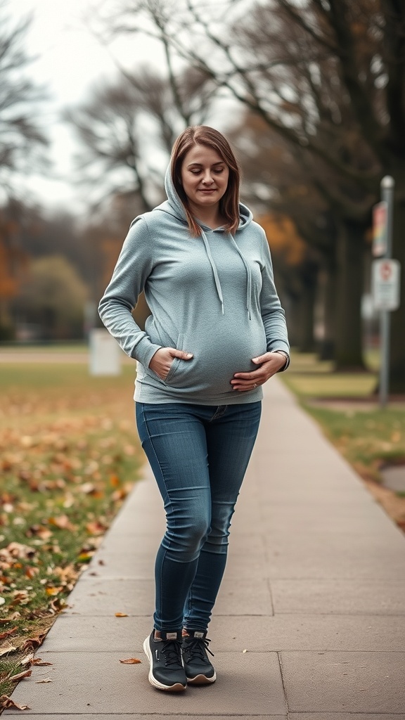 A pregnant woman wearing a light blue hoodie and maternity jeans, walking on a path surrounded by autumn trees.